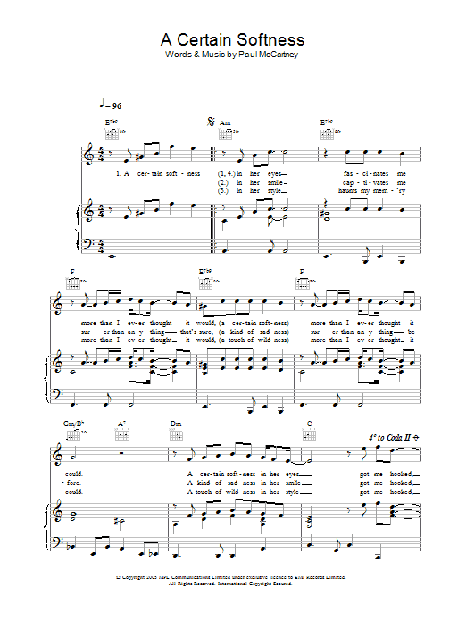Paul McCartney A Certain Softness sheet music notes and chords arranged for Piano, Vocal & Guitar Chords