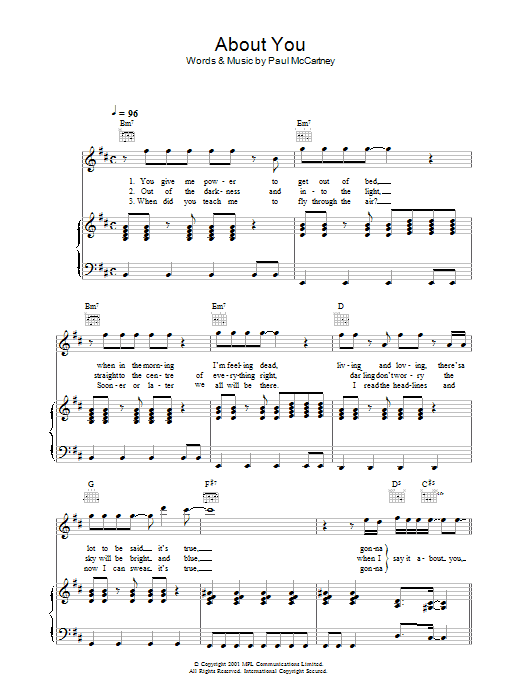 Paul McCartney About You sheet music notes and chords arranged for Piano, Vocal & Guitar Chords