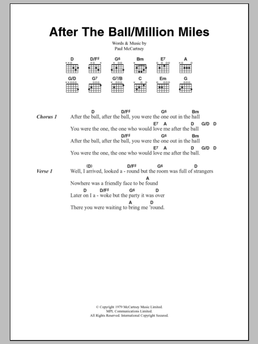Paul McCartney After The Ball / Million Miles sheet music notes and chords arranged for Guitar Chords/Lyrics