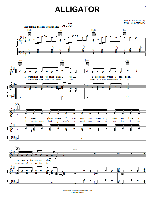 Paul McCartney Alligator sheet music notes and chords arranged for Piano, Vocal & Guitar Chords (Right-Hand Melody)