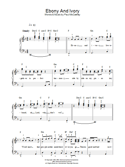 Paul McCartney and Stevie Wonder Ebony And Ivory sheet music notes and chords arranged for Piano, Vocal & Guitar Chords (Right-Hand Melody)