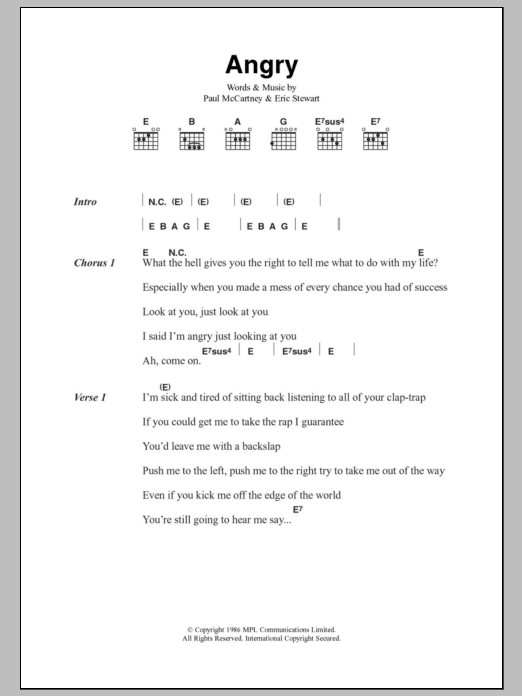 Paul McCartney Angry sheet music notes and chords arranged for Guitar Chords/Lyrics