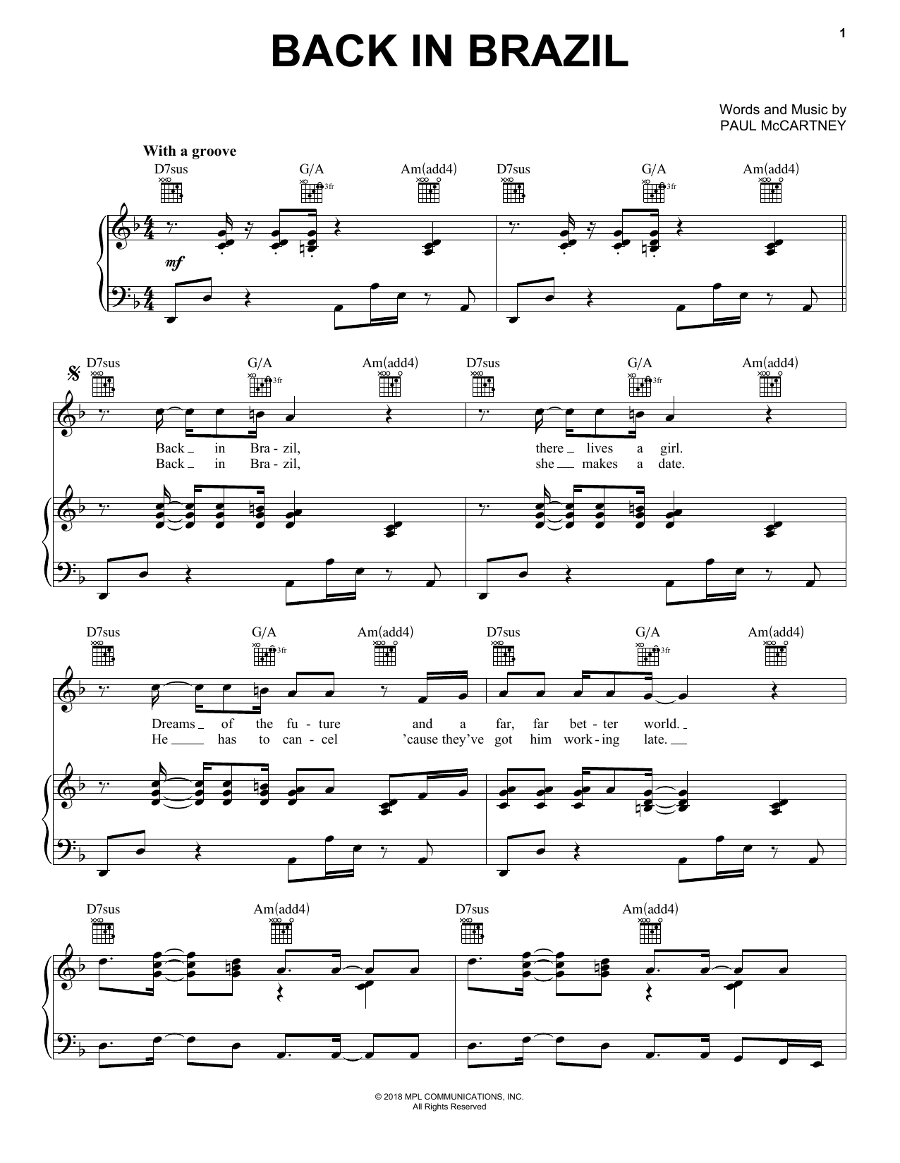 Paul McCartney Back In Brazil sheet music notes and chords arranged for Piano, Vocal & Guitar Chords (Right-Hand Melody)