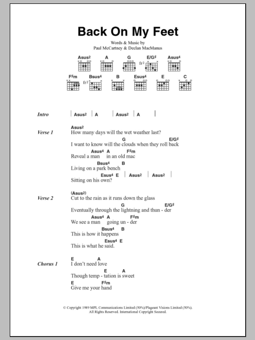 Paul McCartney Back On My Feet sheet music notes and chords arranged for Guitar Chords/Lyrics