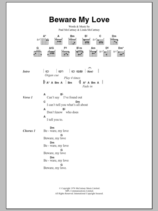 Paul McCartney Beware My Love sheet music notes and chords arranged for Guitar Chords/Lyrics