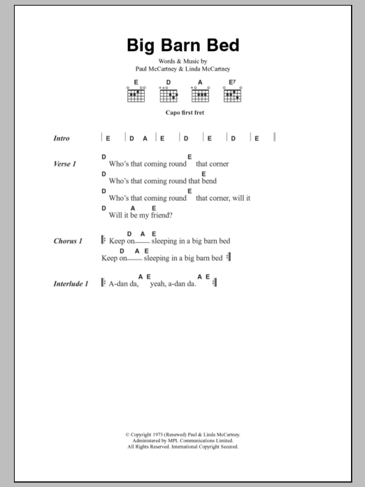 Paul McCartney Big Barn Bed sheet music notes and chords arranged for Guitar Chords/Lyrics