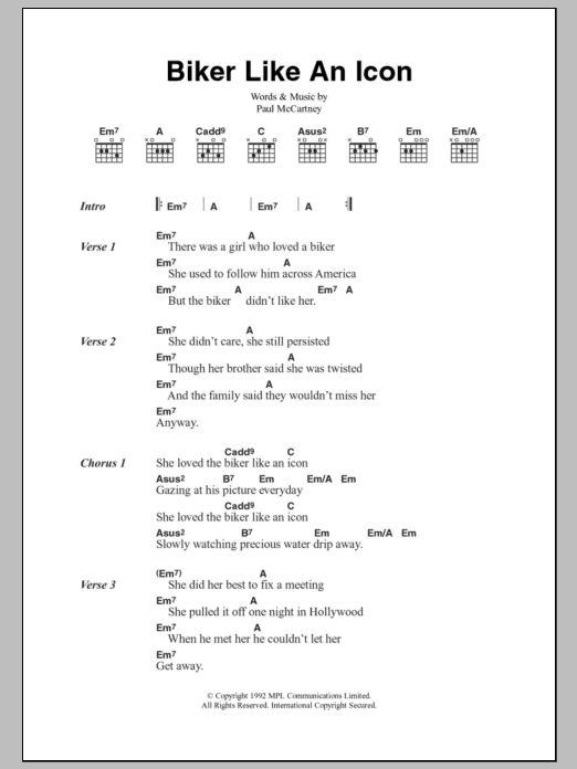 Paul McCartney Biker Like An Icon sheet music notes and chords arranged for Guitar Chords/Lyrics