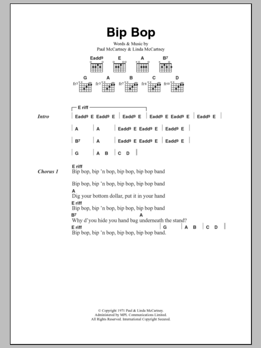 Paul McCartney & Wings Bip Bop/Hey Diddle sheet music notes and chords arranged for Guitar Chords/Lyrics