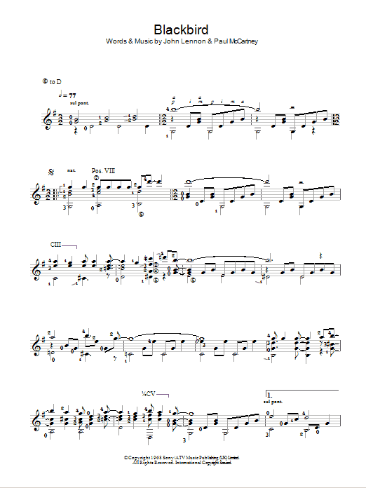 Paul McCartney Blackbird sheet music notes and chords arranged for Easy Guitar