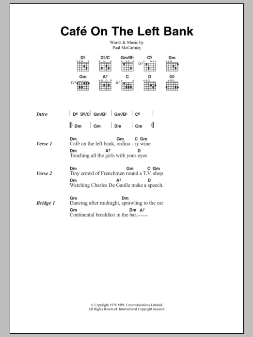 Paul McCartney Cafe On The Left Bank sheet music notes and chords arranged for Guitar Chords/Lyrics