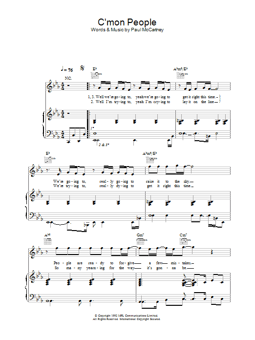 Paul McCartney C'mon People sheet music notes and chords arranged for Piano, Vocal & Guitar Chords