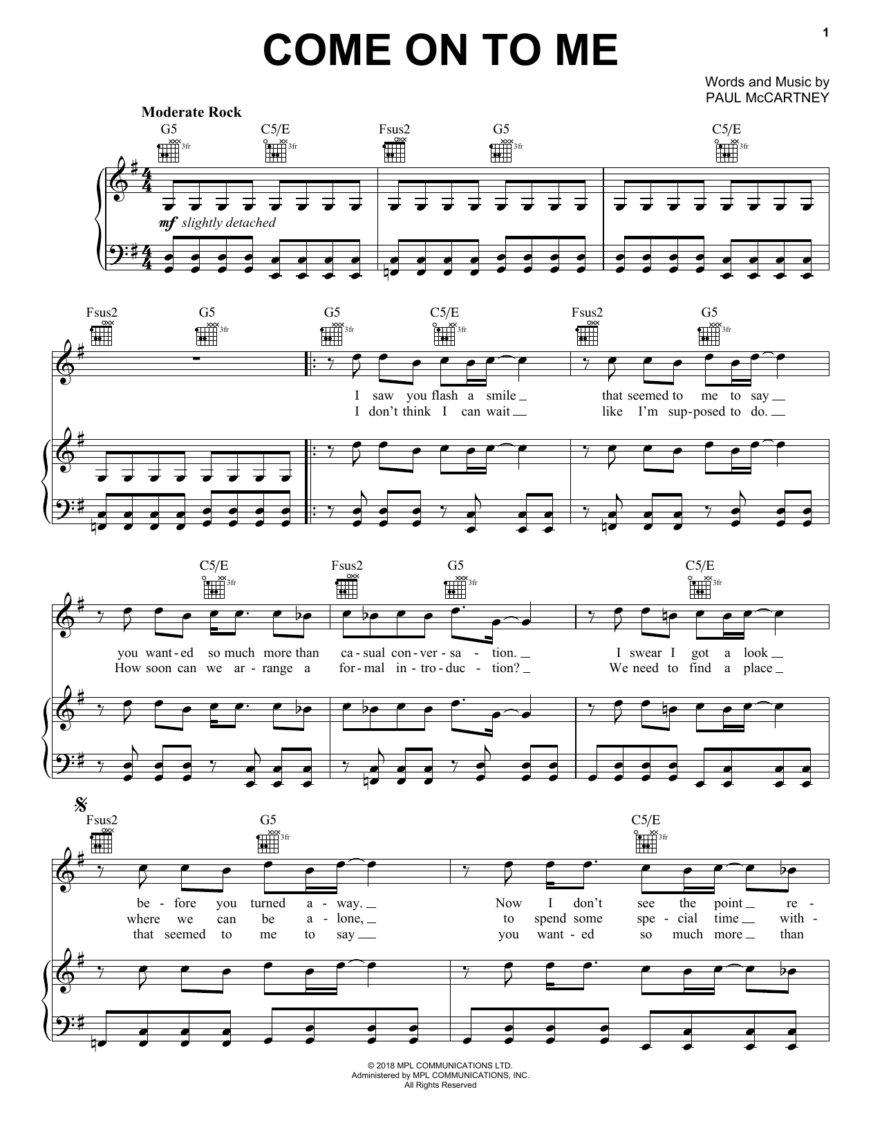 Paul McCartney Come On To Me sheet music notes and chords arranged for Piano, Vocal & Guitar Chords (Right-Hand Melody)