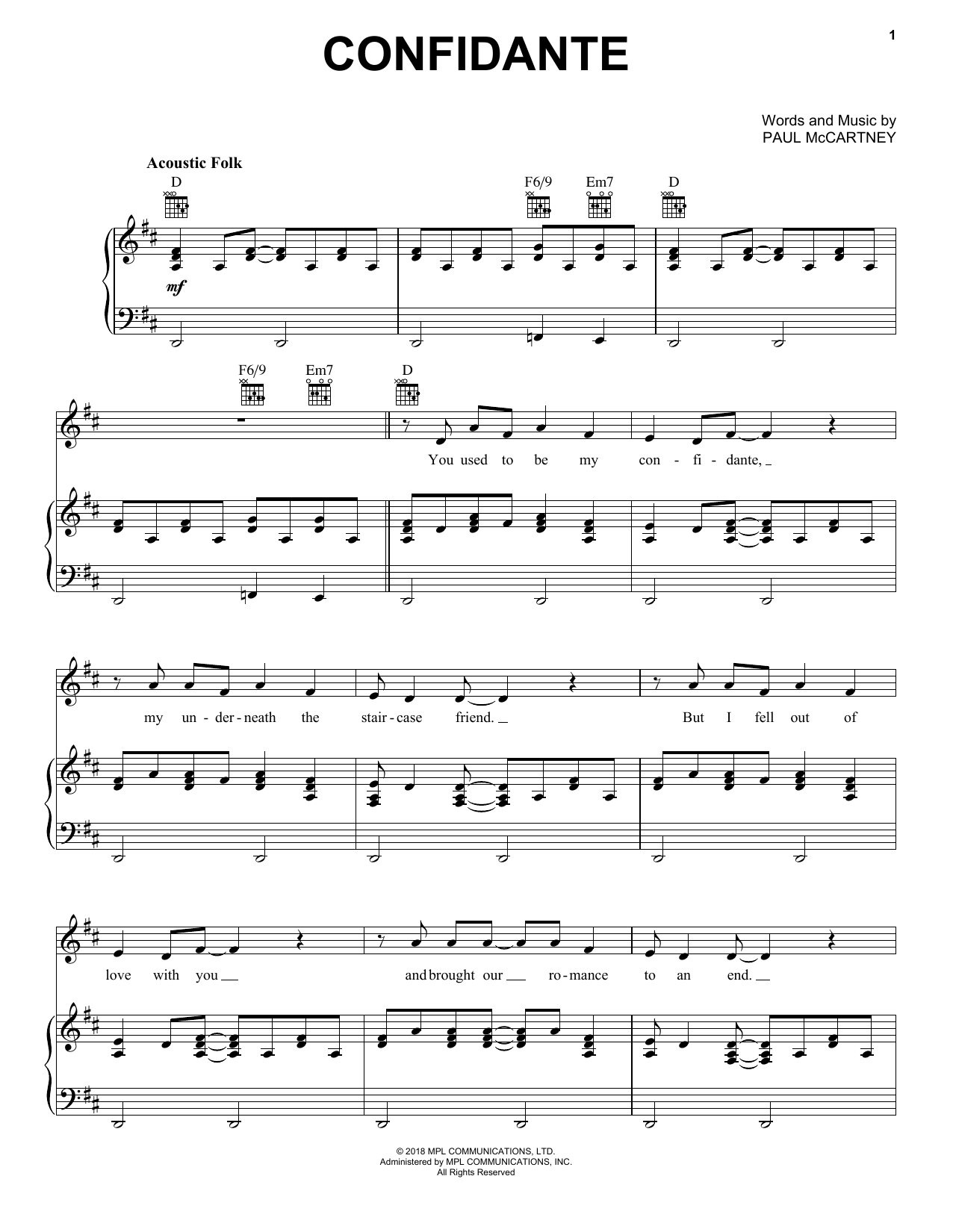 Paul McCartney Confidante sheet music notes and chords arranged for Piano, Vocal & Guitar Chords (Right-Hand Melody)