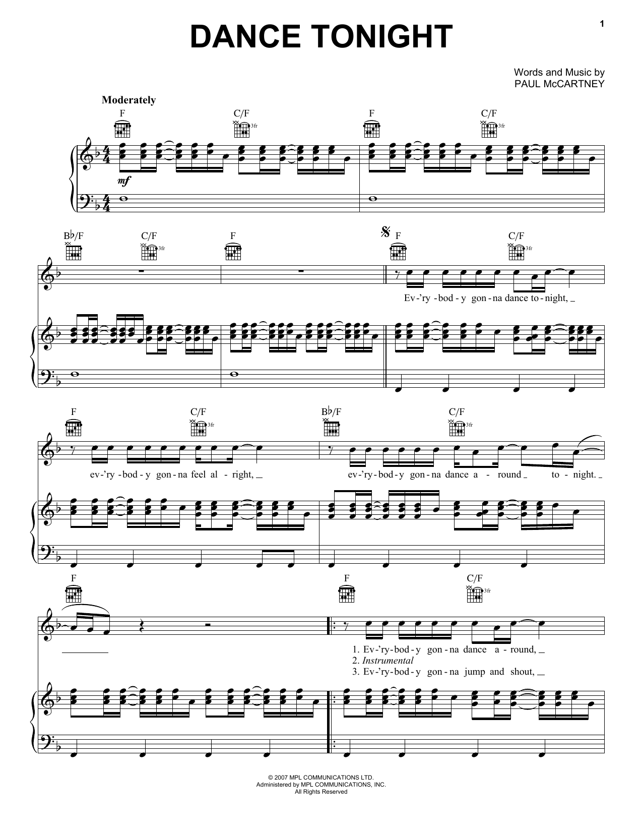 Paul McCartney Dance Tonight sheet music notes and chords arranged for Mandolin