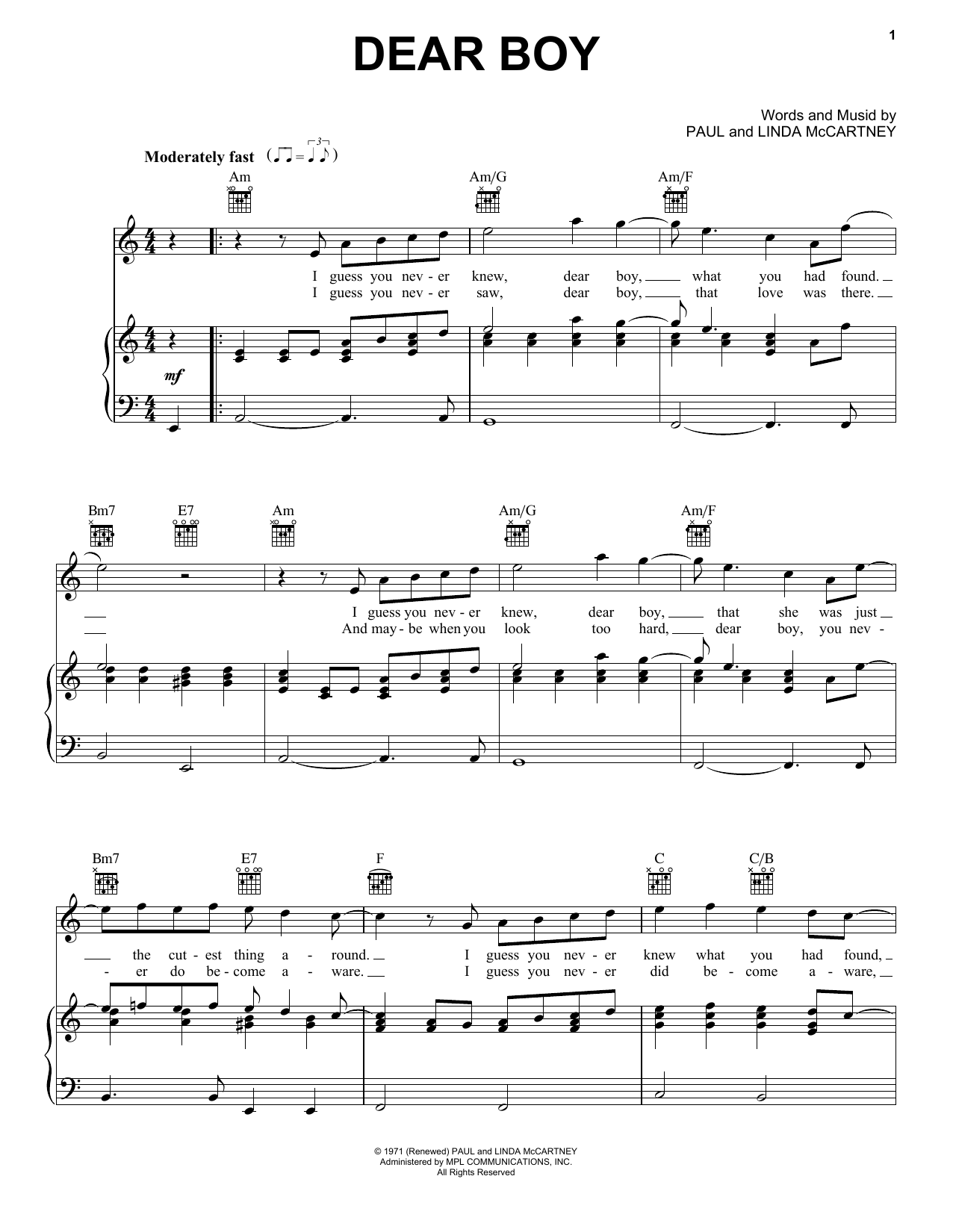 Paul McCartney Dear Boy sheet music notes and chords arranged for Piano, Vocal & Guitar Chords (Right-Hand Melody)