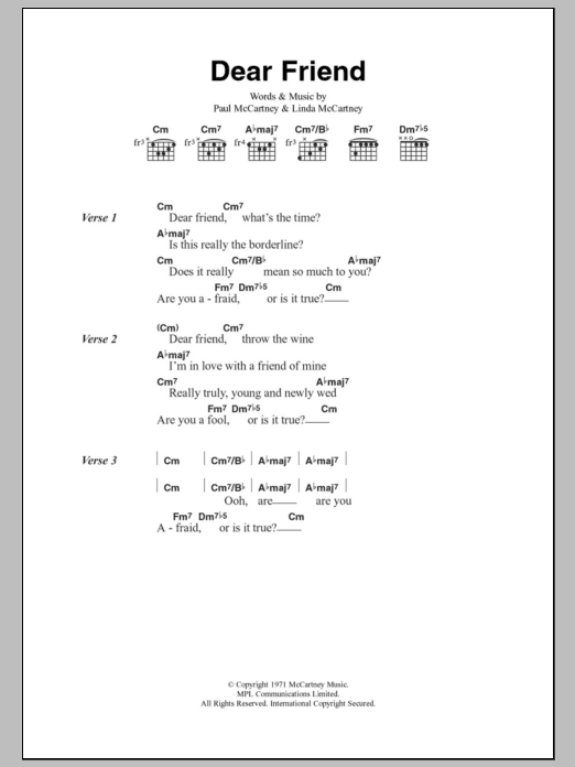 Paul McCartney & Wings Dear Friend sheet music notes and chords arranged for Guitar Chords/Lyrics