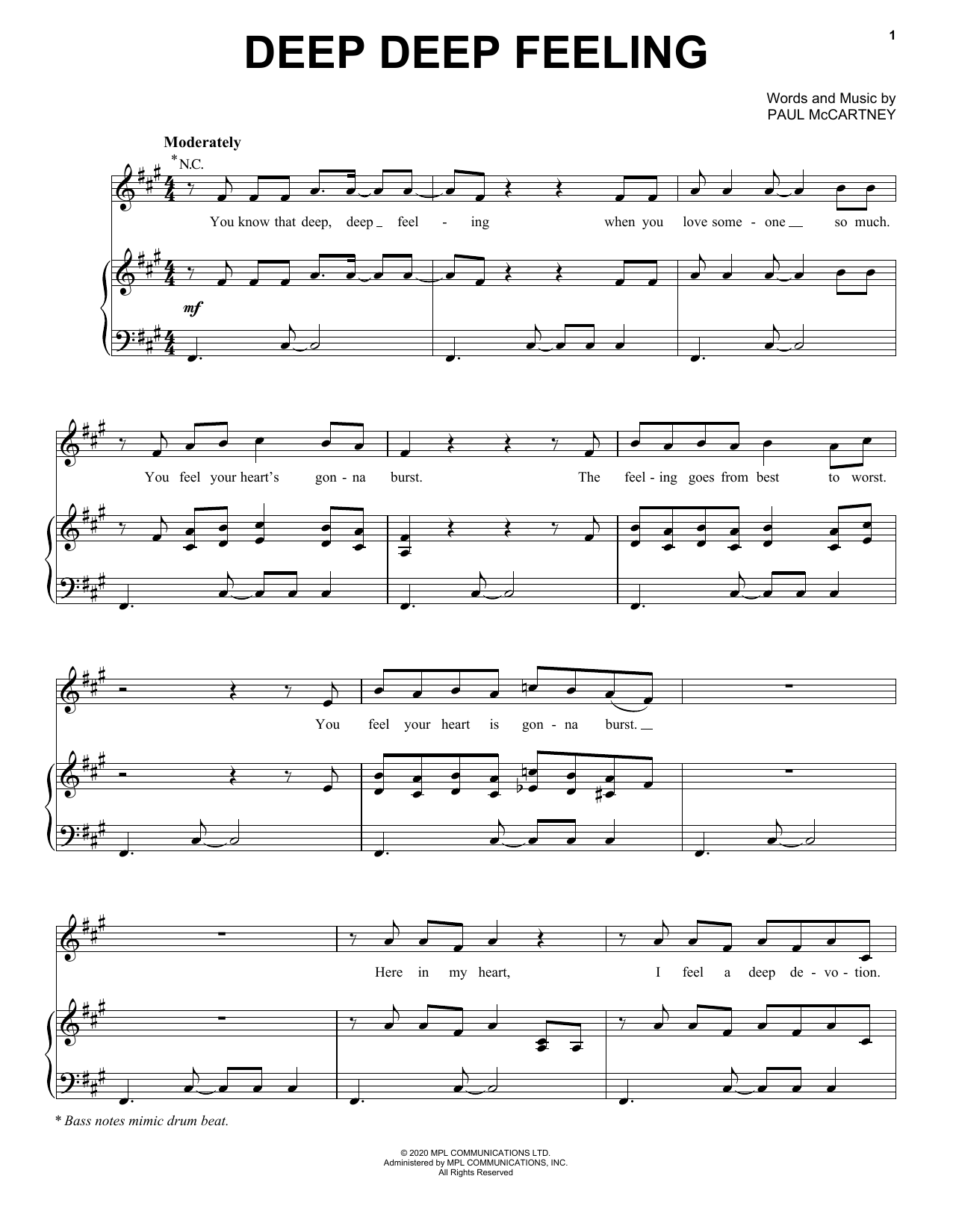 Paul McCartney Deep Deep Feeling sheet music notes and chords arranged for Piano, Vocal & Guitar Chords (Right-Hand Melody)