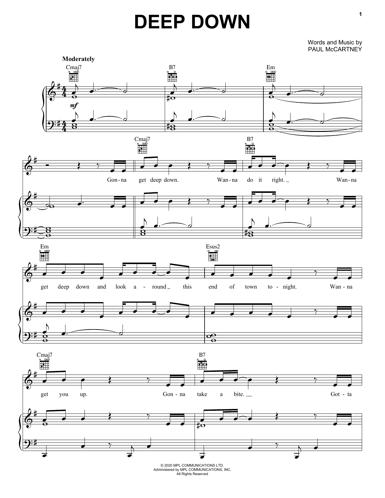 Paul McCartney Deep Down sheet music notes and chords arranged for Lead Sheet / Fake Book