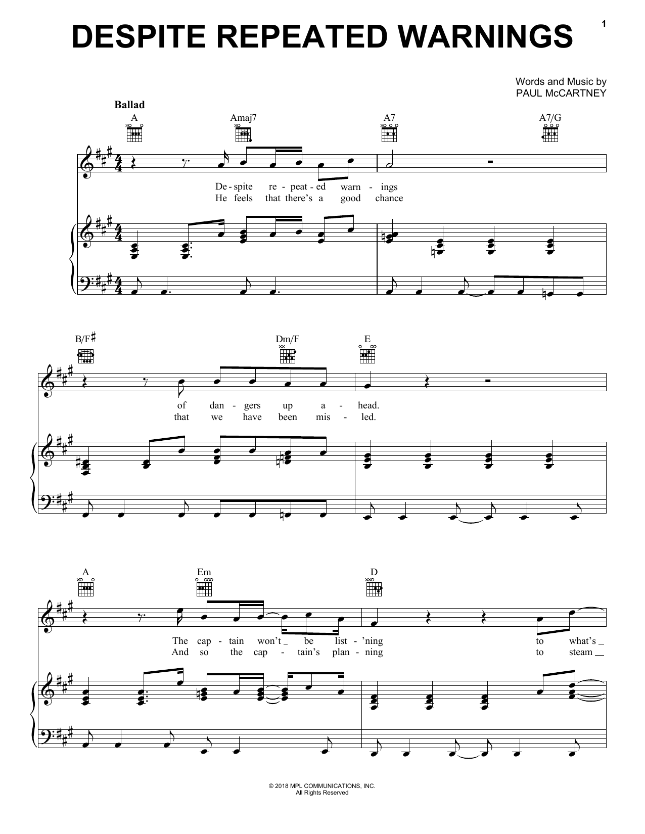 Paul McCartney Despite Repeated Warnings sheet music notes and chords arranged for Piano, Vocal & Guitar Chords (Right-Hand Melody)