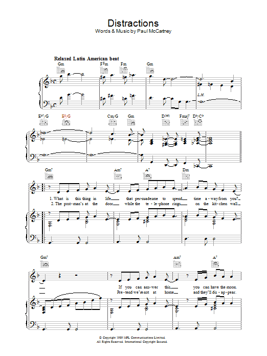 Paul McCartney Distractions sheet music notes and chords arranged for Piano, Vocal & Guitar Chords