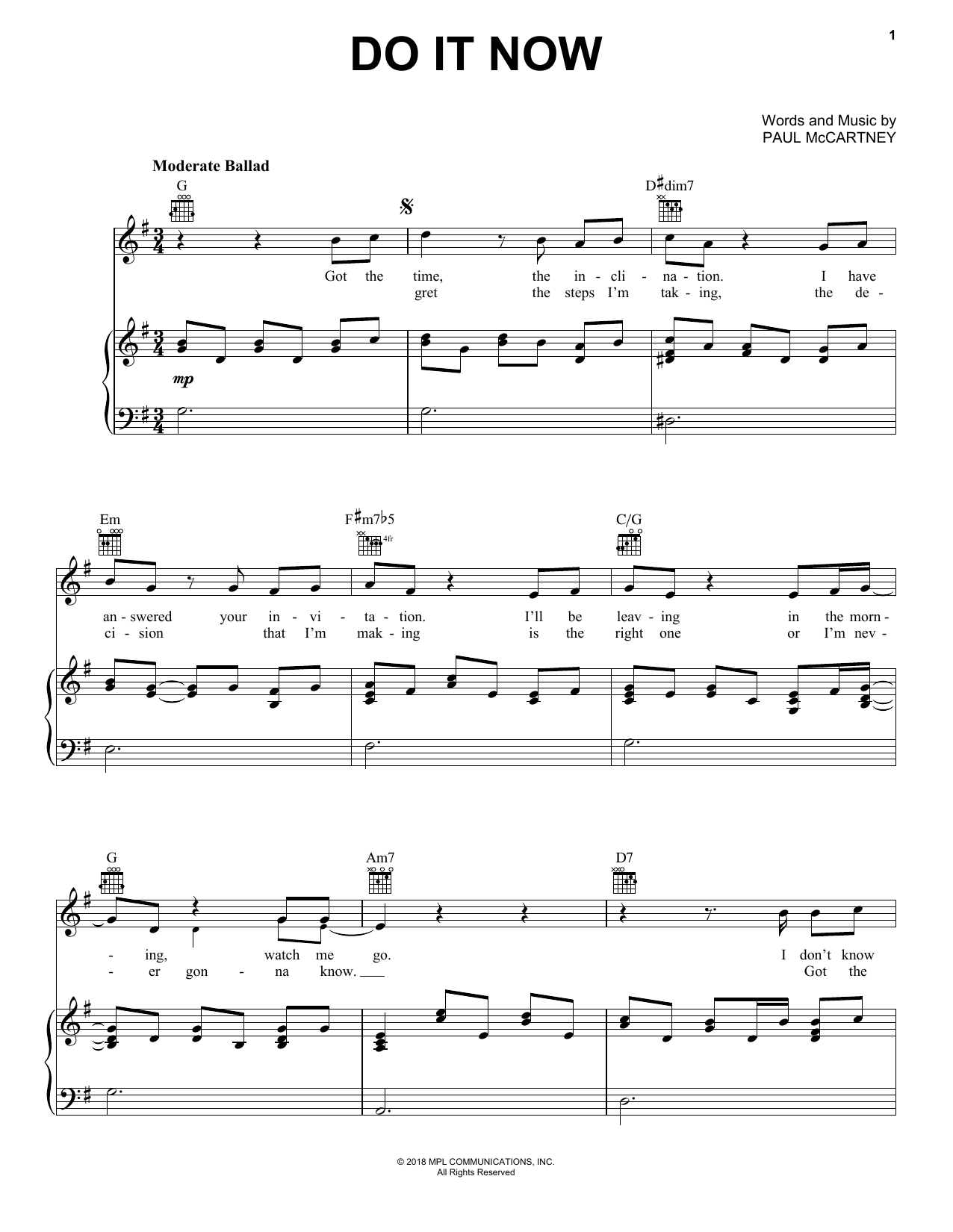 Paul McCartney Do It Now sheet music notes and chords arranged for Piano, Vocal & Guitar Chords (Right-Hand Melody)