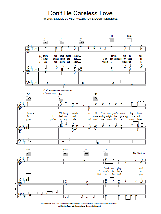 Paul McCartney Don't Be Careless Love sheet music notes and chords arranged for Piano, Vocal & Guitar Chords