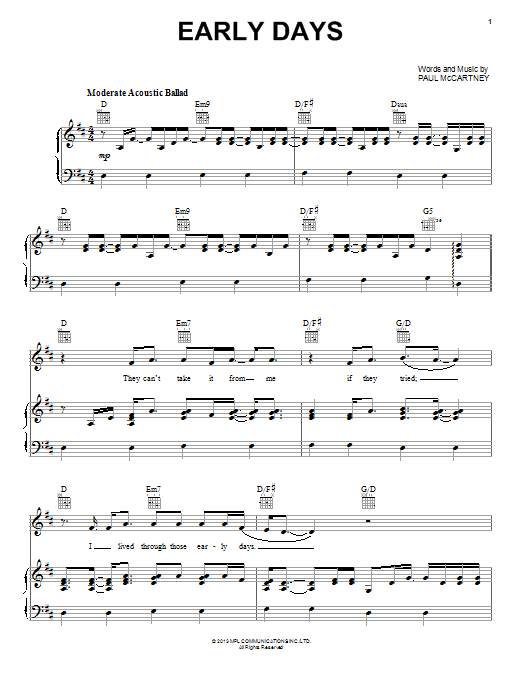 Paul McCartney Early Days sheet music notes and chords arranged for Piano, Vocal & Guitar Chords (Right-Hand Melody)