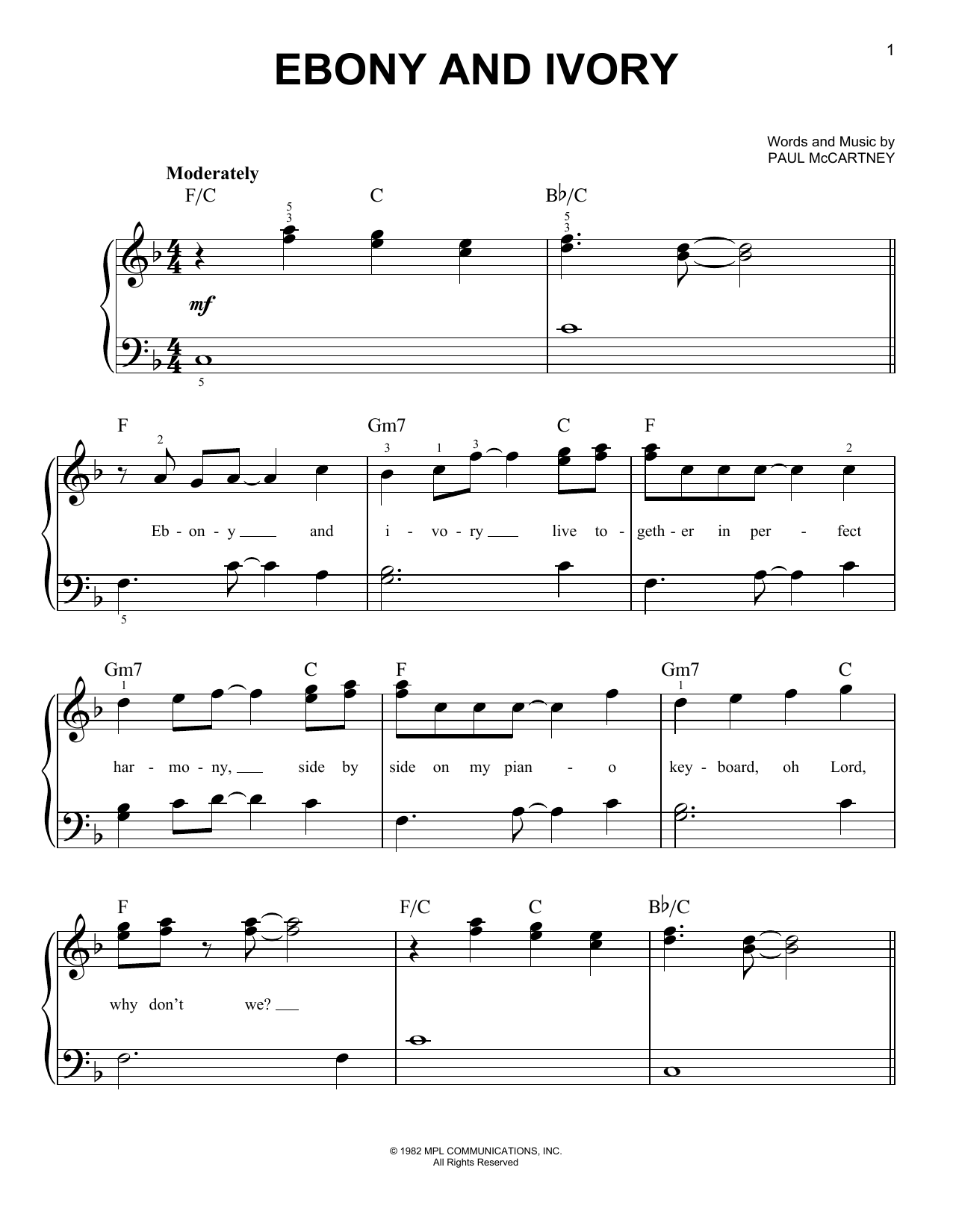Paul McCartney Ebony And Ivory sheet music notes and chords arranged for Lead Sheet / Fake Book
