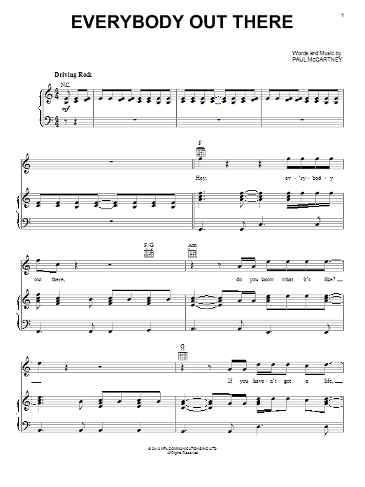 Paul McCartney Everybody Out There sheet music notes and chords arranged for Piano, Vocal & Guitar Chords (Right-Hand Melody)