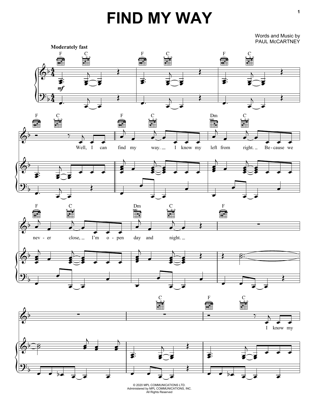 Paul McCartney Find My Way sheet music notes and chords arranged for Piano, Vocal & Guitar Chords (Right-Hand Melody)
