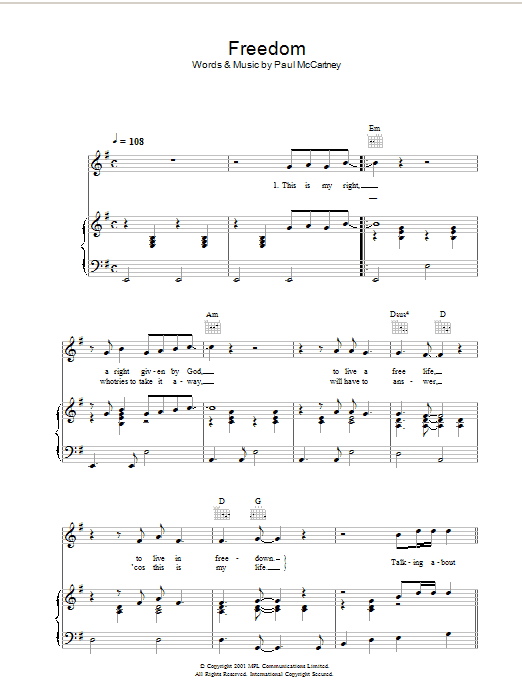 Paul McCartney Freedom sheet music notes and chords arranged for Piano, Vocal & Guitar Chords