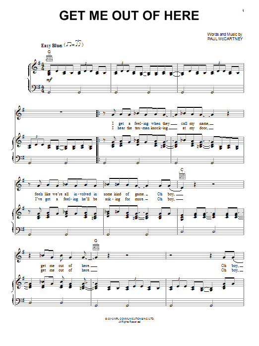 Paul McCartney Get Me Out Of Here sheet music notes and chords arranged for Piano, Vocal & Guitar Chords (Right-Hand Melody)