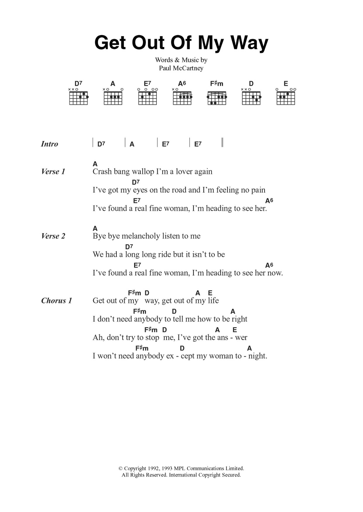 Paul McCartney Get Out Of My Way sheet music notes and chords arranged for Guitar Chords/Lyrics