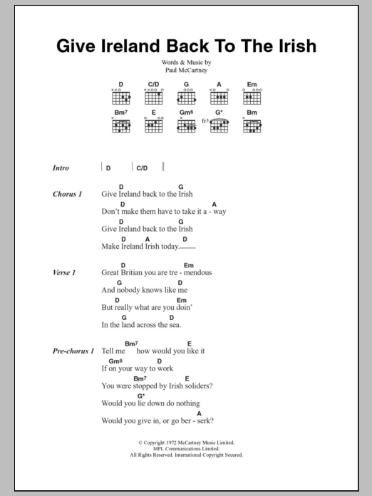 Paul McCartney Give Ireland Back To The Irish sheet music notes and chords arranged for Guitar Chords/Lyrics