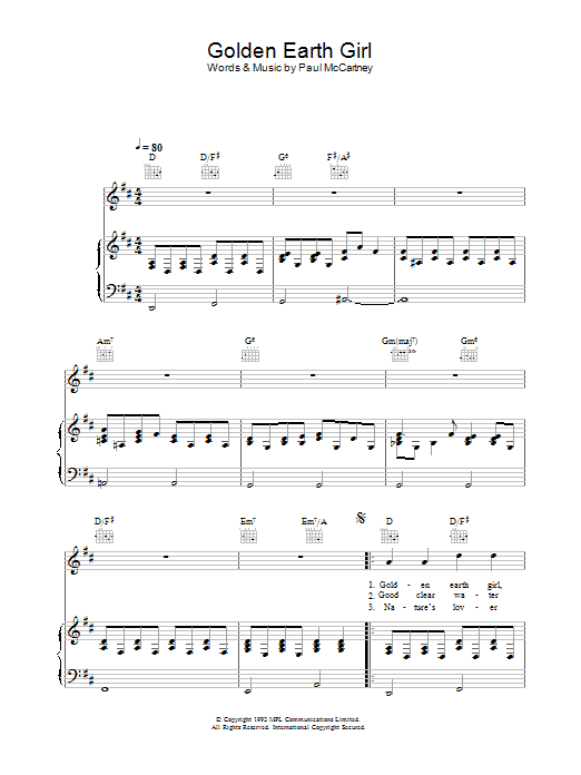 Paul McCartney Golden Earth Girl sheet music notes and chords arranged for Guitar Chords/Lyrics