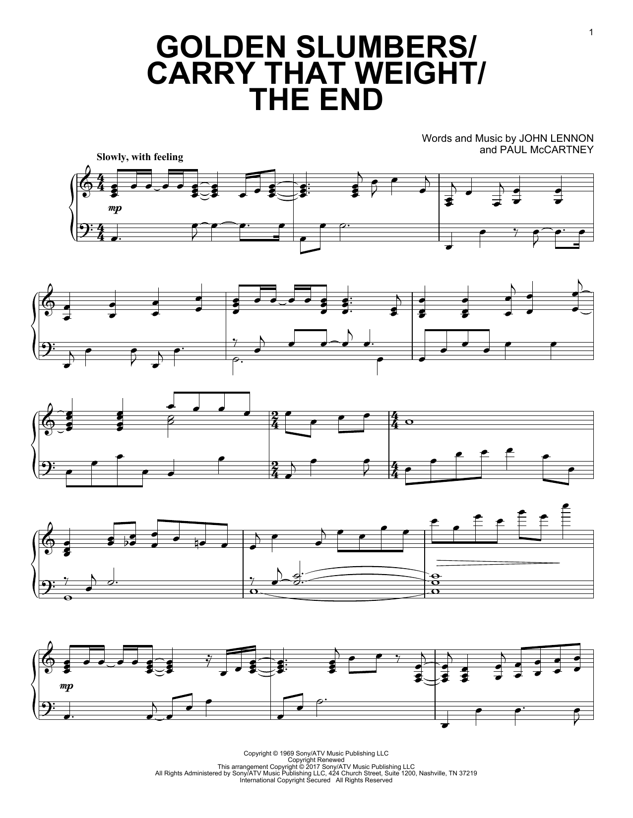 Paul McCartney Golden Slumbers/Carry That Weight/The End sheet music notes and chords arranged for Piano Solo