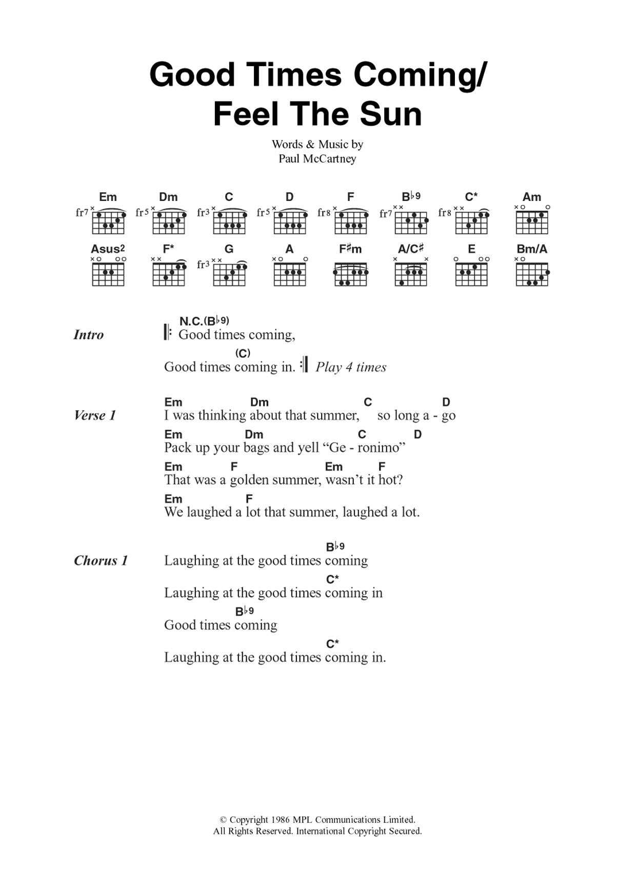 Paul McCartney Good Times Coming/Feel The Sun sheet music notes and chords arranged for Guitar Chords/Lyrics