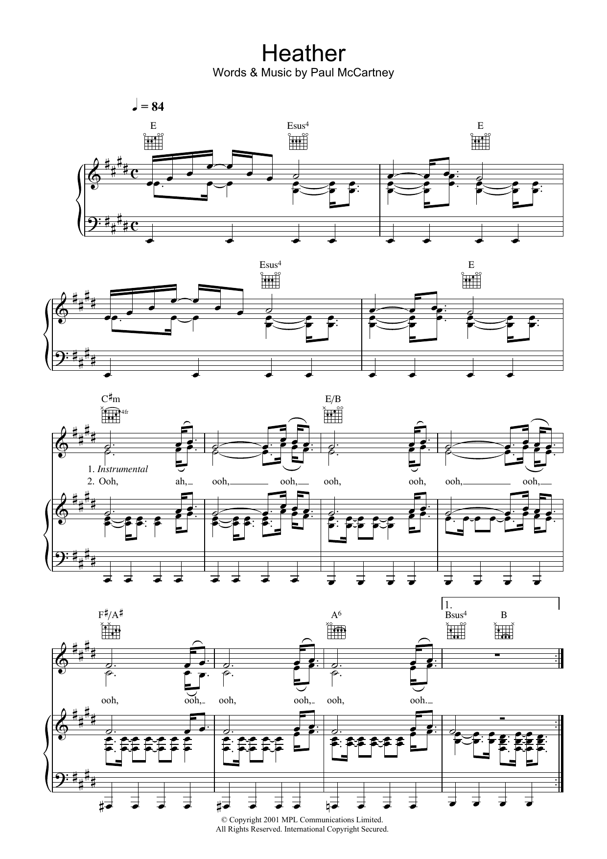 Paul McCartney Heather sheet music notes and chords arranged for Piano, Vocal & Guitar Chords