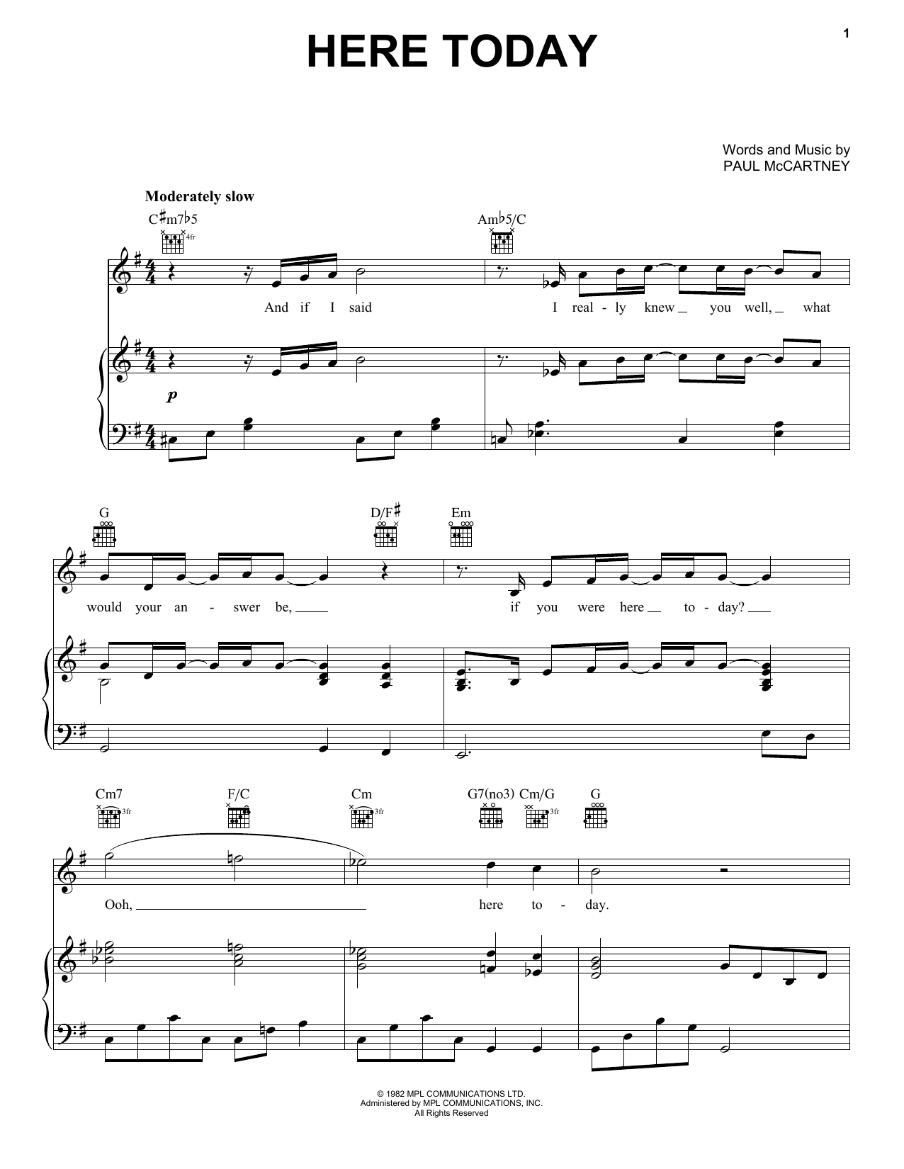 Paul McCartney Here Today sheet music notes and chords arranged for Easy Piano
