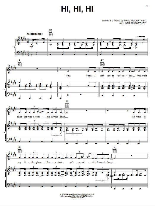 Paul McCartney Hi, Hi, Hi sheet music notes and chords arranged for Piano, Vocal & Guitar Chords (Right-Hand Melody)