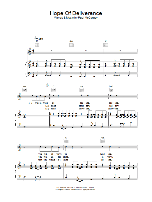 Paul McCartney Hope Of Deliverance sheet music notes and chords arranged for Piano, Vocal & Guitar Chords