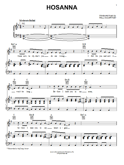 Paul McCartney Hosanna sheet music notes and chords arranged for Piano, Vocal & Guitar Chords (Right-Hand Melody)