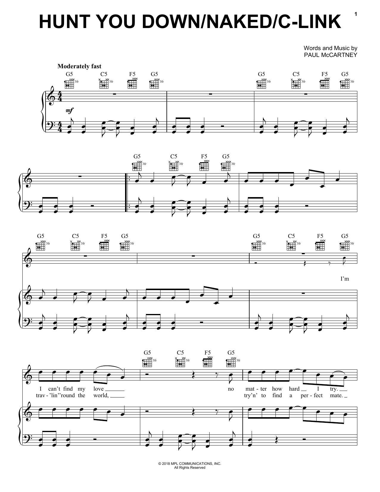 Paul McCartney Hunt You Down sheet music notes and chords arranged for Piano, Vocal & Guitar Chords (Right-Hand Melody)
