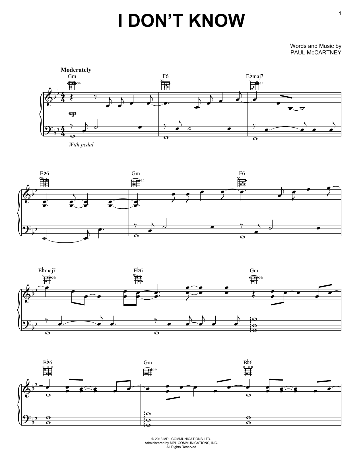 Paul McCartney I Don't Know sheet music notes and chords arranged for Piano, Vocal & Guitar Chords (Right-Hand Melody)