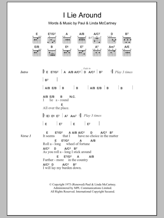 Paul McCartney I Lie Around sheet music notes and chords arranged for Guitar Chords/Lyrics