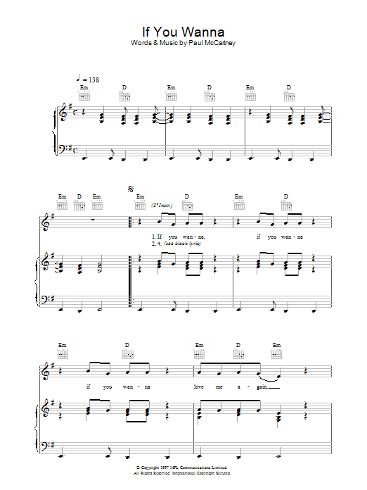 Paul McCartney If You Wanna sheet music notes and chords arranged for Piano, Vocal & Guitar Chords