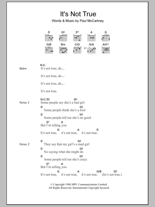 Paul McCartney It's Not True sheet music notes and chords arranged for Guitar Chords/Lyrics