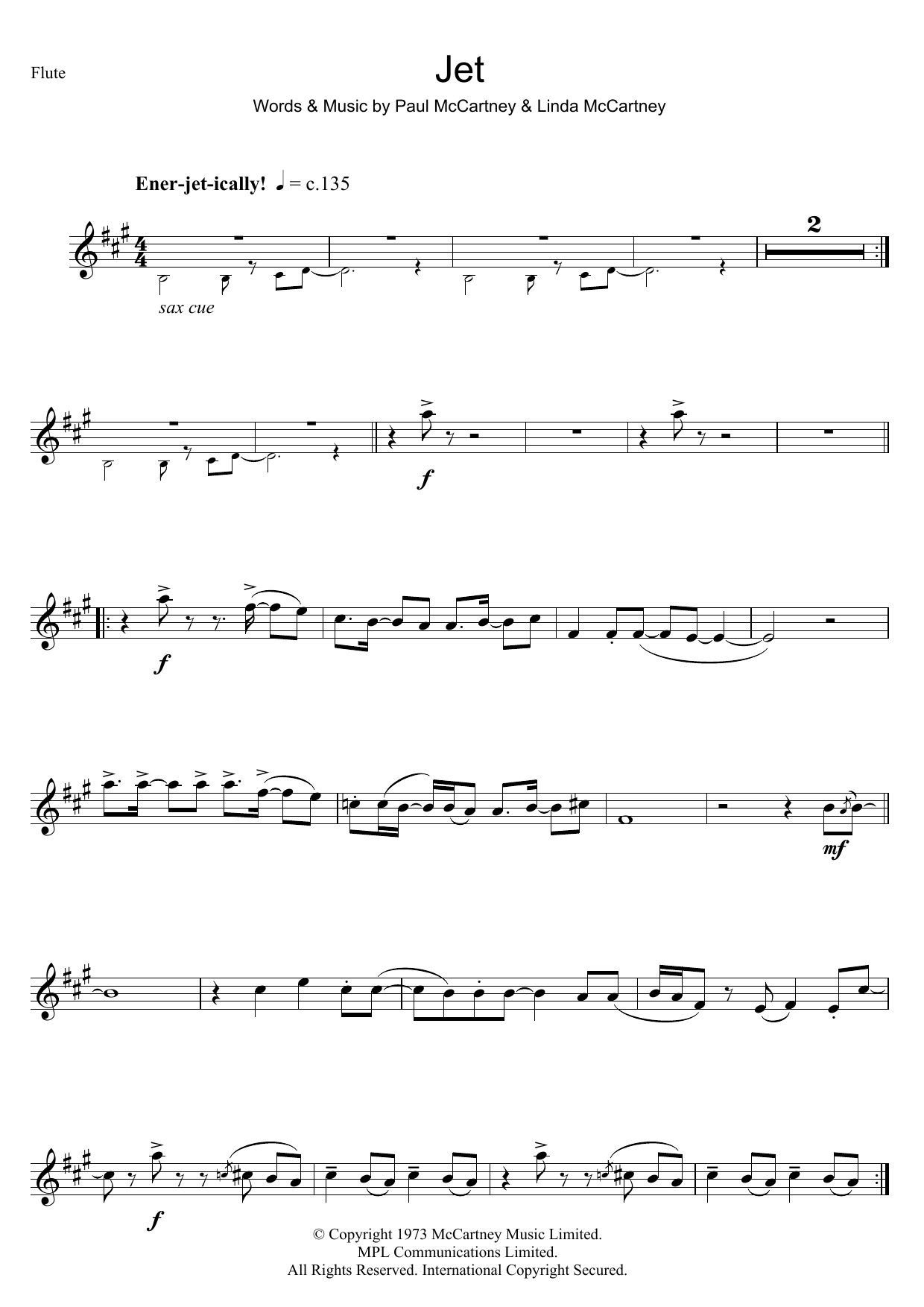 Paul McCartney Jet sheet music notes and chords arranged for Flute Solo