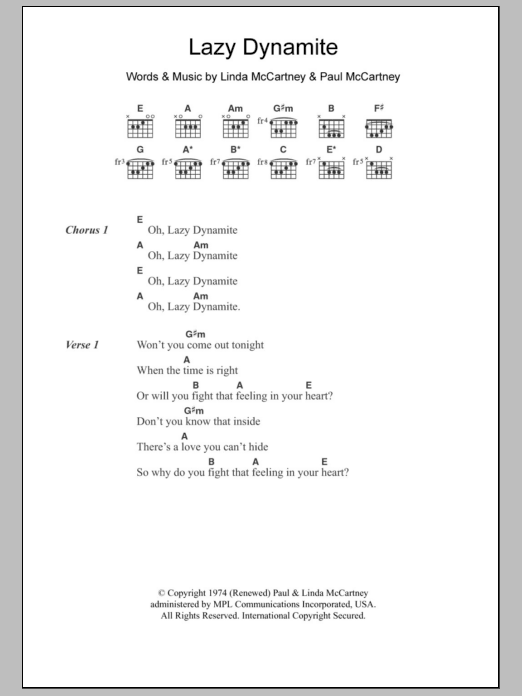 Paul McCartney & Wings Lazy Dynamite sheet music notes and chords arranged for Guitar Chords/Lyrics