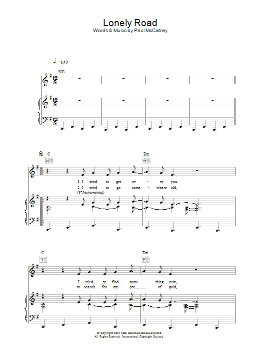 Paul McCartney Lonely Road sheet music notes and chords arranged for Piano, Vocal & Guitar Chords